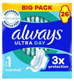 Always Ultra Day Sanitary Towels Normal (Size 1) With Wings 26 Pads, Super Absorbent And Ultra Thin, For Menstrual Periods