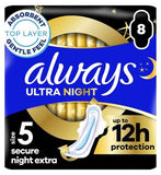 Always Ultra Sanitary Towels Secure Night Extra (Size 5) Wings 8 Pads Super Absorbent, Ultra Thin, Neutralises Odours