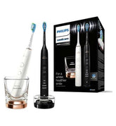 Philips Sonicare Electric Toothbrush Twin Pack DiamondClean 9000 Black & Rose Gold. 2 x Base Charger & 1 Glass Holder HX9914/57