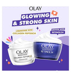 Olay Giftset Collagen Peptide Day, Retinol 24 Face Night Cream, Face Roller