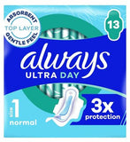 Always Ultra Day Sanitary Towels Normal (Size 1) With Wings 13 Pads, Super Absorbent And Ultra Thin, For Menstrual Periods