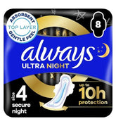 Always Ultra Sanitary Towels Secure Night (Size 4) With Wings 8 Pads, Super Absorbent And Ultra Thin, For Menstrual Periods