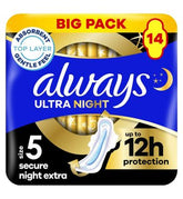 Always Ultra Sanitary Towels Secure Night Extra (Size 5) With Wings 14 Pads, Super Absorbent And Ultra Thin