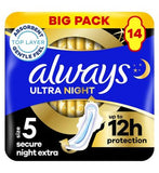 Always Ultra Sanitary Towels Secure Night Extra (Size 5) With Wings 14 Pads, Super Absorbent And Ultra Thin