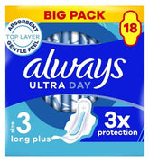 Always Ultra Sanitary Towels Long Plus (Size 3) With Wings 18 Pads, Super Absorbent And Ultra Thin, For Menstrual Periods