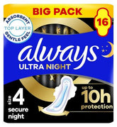 Always Ultra Sanitary Towels Secure Night (Size 4) With Wings 16 Pads, Super Absorbent And Ultra Thin, For Menstrual Periods