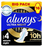 Always Ultra Sanitary Towels Secure Night (Size 4) With Wings 16 Pads, Super Absorbent And Ultra Thin, For Menstrual Periods