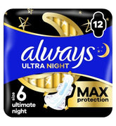 Always Ultra Sanitary Towels Secure Ultimate Night (Size 6) With Wings 12 Pads, Super Absorbent And Ultra Thin