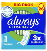 Always Ultra Day Sanitary Towels Normal (Size 1) 26 Pads, Super Absorbent And Ultra Thin, For Menstrual Periods