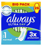 Always Ultra Day Sanitary Towels Normal (Size 1) 26 Pads, Super Absorbent And Ultra Thin, For Menstrual Periods