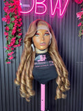 Elegant Long Spiral Curl Wig – Golden Brown (Human Hair Blend)