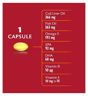Seven Seas Omega-3 Fish Oil Plus Cod Liver Oil High Strength - 120 One-A-Day Capsules