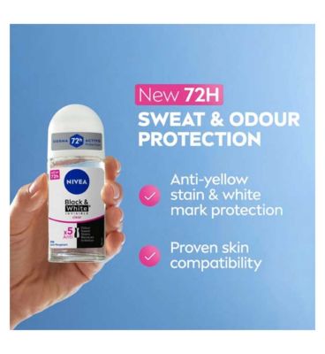 NIVEA Anti-Perspirant Deodorant Roll-On, Black & White Original, 72h 50ml