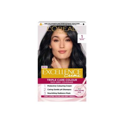 L’Oréal Paris Excellence Crème Permanent Hair Dye, Up to 100% Grey Hair Coverage, 1 Natural Darkest Black