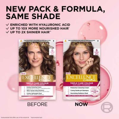 L’Oréal Paris Excellence Crème Permanent Hair Dye, Up to 100% Grey Hair Coverage, 6 Natural Light Brown