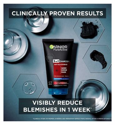 Garnier Pure Active 3in1 Charcoal Mask-Wash-Scrub For Blackheads and Spots 150ml
