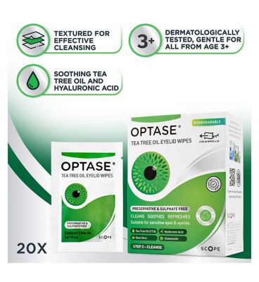Optase Tea Tree Oil Eyelid Cleansing Wipes - for Daily Eyelid Hygiene & Relief for Tired Eyes - 20 Sterile Wipes
