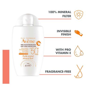 Avène Very High Protection Mineral Fluid SPF50+ Sun Cream for Intolerant Skin 40ml