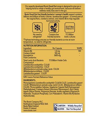 Boots Good Gut Live Friendly Bacteria + Women's Health Support 30 Capsules