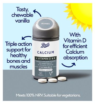 Boots Calcium + Vitamins D & K Chewable, 60 Tablets (1 month supply)