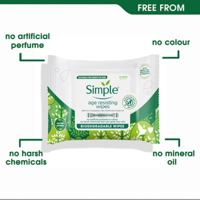 Simple Regeneration Age Resisting Biodegradable Facial Wipes for sensitive skin 20 wipes
