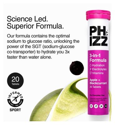 Phizz Apple & Blackcurrant 3-in-1 Hydration, Electrolytes and Vitamins Effervescent (20 Tablets)