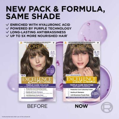 L’Oréal Paris Excellence Cool Crème Permanent Hair Dye, Long-lasting Anti-Brassiness Colour, 6.11 Ultra Ash Dark Blonde