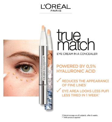L'Oreal Paris True Match Eye Cream in a Concealer, Hyaluronic Acid, natural finish, buildable coverage