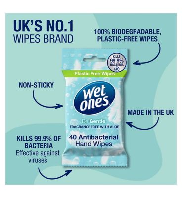 Wet Ones Be Gentle Biodegradable Antibacterial Hand Wipes, 40 Pack
