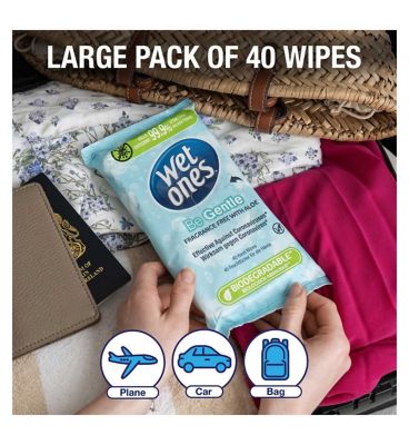 Wet Ones Be Gentle Biodegradable Antibacterial Hand Wipes, 40 Pack