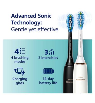 Philips Sonicare Electric Toothbrush Twin Pack DiamondClean 9000 Black & Rose Gold. 2 x Base Charger & 1 Glass Holder HX9914/57