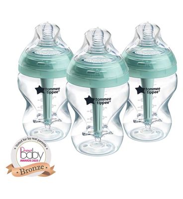 Tommee Tippee Advanced Anti-Colic Baby Bottle, Slow Flow Breast-Like Teat, Vented Anti-Colic Wand, Self-Sterilising, Pack of 3