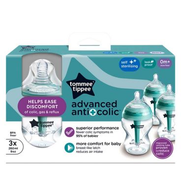 Tommee Tippee Advanced Anti-Colic Baby Bottle, Slow Flow Breast-Like Teat, Vented Anti-Colic Wand, Self-Sterilising, Pack of 3