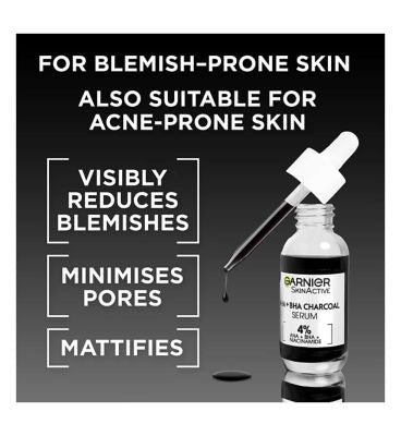 Garnier Skinactive 4% AHA + BHA & Niacinamide Charcoal Serum, Improve Appearance Of Marks & Blemishes, 30ml