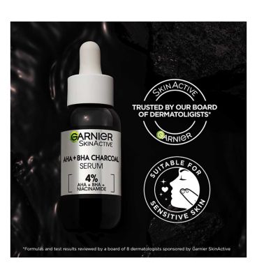 Garnier Skinactive 4% AHA + BHA & Niacinamide Charcoal Serum, Improve Appearance Of Marks & Blemishes, 30ml