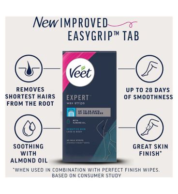 Veet Expert Wax Strips Legs Body Sensitive Hair Removal - 20s