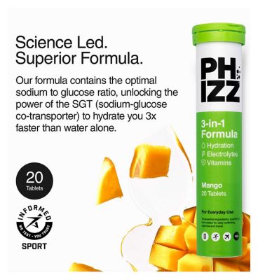 Phizz Mango 3-in-1 Hydration, Electrolytes and Vitamins Effervescent Tablets - 20 Tablets