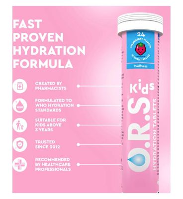 O.R.S Hydration For Kids, Natural Strawberry Electrolyte Tablets For Everyday Hydration And Wellness - 24 Tablets
