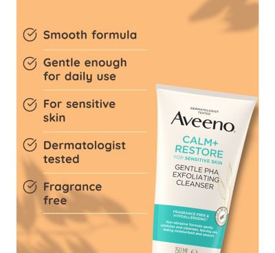 Aveeno Face CALM+RESTORE Gentle Smooth PHA Exfoliating Cleanser for Sensitive Skin, 150ml