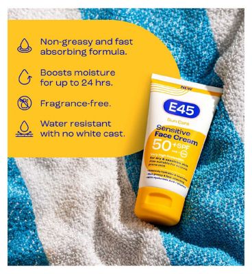 E45 Sun Face Cream for Sensitive Skin, Hydrating Sun Cream with very high UVA and UVB protection and SPF 50+, For Dry Skin