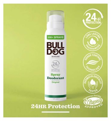 Bulldog Skincare Original Spray Deodorant - 24 Hour Protection, Fresh Scent 125ml