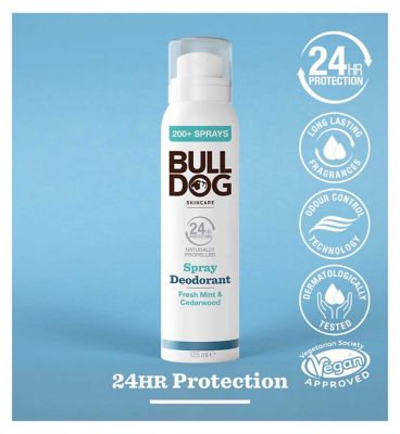 Bulldog Skincare Fresh Mint & Cedarwood Spray Deodorant - 24 Hour Protection, Fresh Scent 125ml