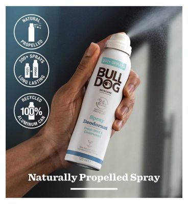 Bulldog Skincare Fresh Mint & Cedarwood Spray Deodorant - 24 Hour Protection, Fresh Scent 125ml