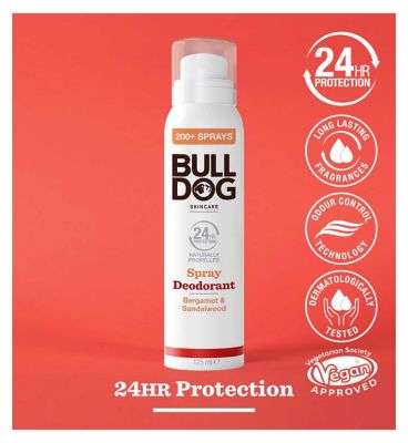 Bulldog Skincare Bergamot & Sandalwood Spray Deodorant - 24 Hour Protection, Fresh Scent 125ml