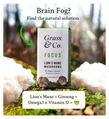 Grass & Co. FOCUS Lion's Mane Mushrooms with Ginseng + Omega3, 60 Vegan Capsules