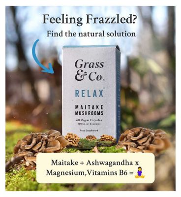 Grass & Co. RELAX Maitake Mushrooms with Ashwagandha + Magnesium, 60 Vegan Capsules