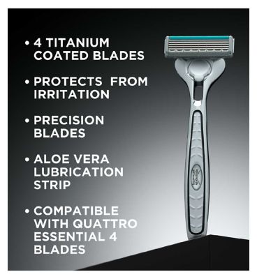 WILKINSON SWORD - Quattro Titanium For Men | Sensitive Comfort | Razor Handle + 9 Blade Refills