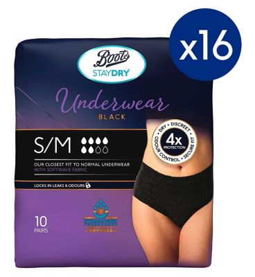Boots Staydry Underwear Pants Small/Medium Black - 10 x 16 Packs Bundle