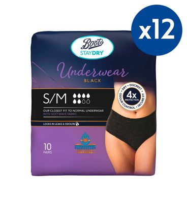 Boots Staydry Underwear Pants Large Black - 10 x 12 Packs Bundle