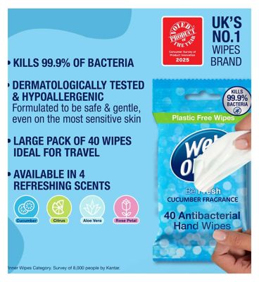 Wet Ones Be Fresh Biodegradable Antibacterial Hand Wipes, 40 Pack